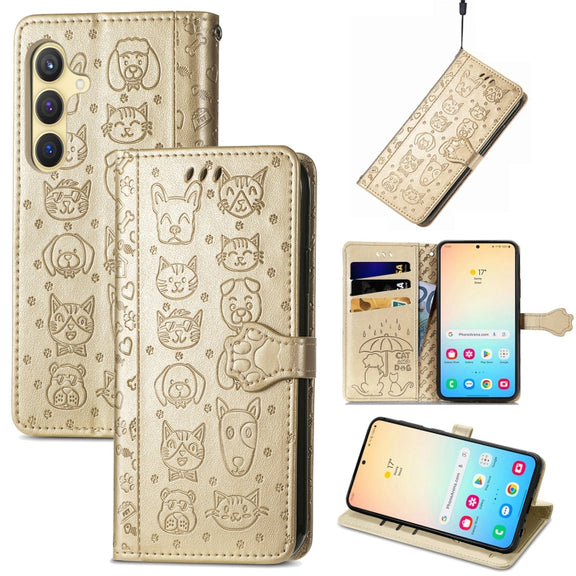 For Samsung Galaxy S25+ 5G Cat and Dog Embossed Leather Phone Case(Gold)