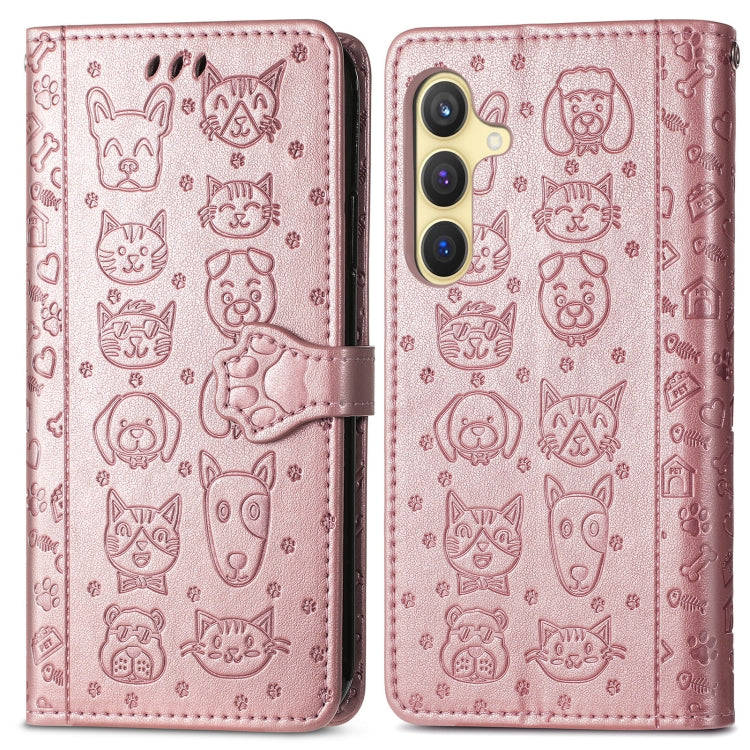 For Samsung Galaxy S25+ 5G Cat and Dog Embossed Leather Phone Case(Rose Gold)
