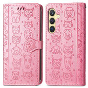 For Samsung Galaxy S25+ 5G Cat and Dog Embossed Leather Phone Case(Pink)