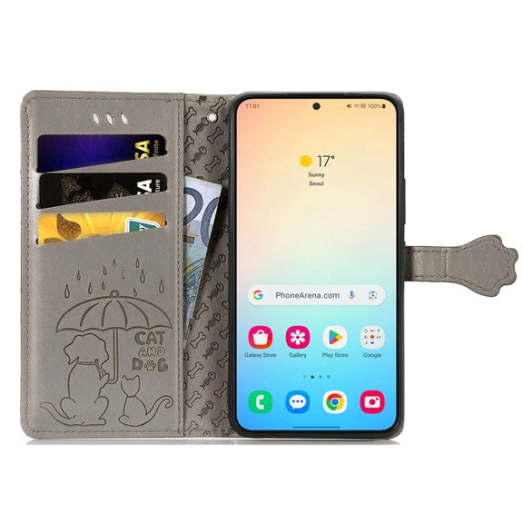 For Samsung Galaxy S25+ 5G Cat and Dog Embossed Leather Phone Case(Gray)