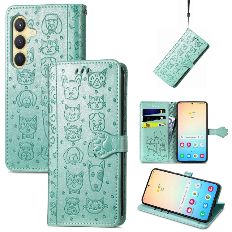 For Samsung Galaxy S25+ 5G Cat and Dog Embossed Leather Phone Case(Green)