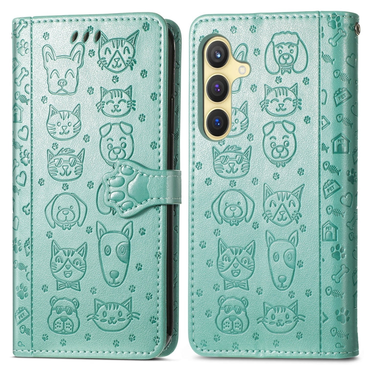 For Samsung Galaxy S25+ 5G Cat and Dog Embossed Leather Phone Case(Green)
