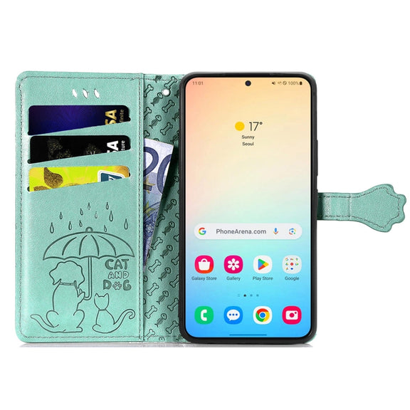 For Samsung Galaxy S25+ 5G Cat and Dog Embossed Leather Phone Case(Green)