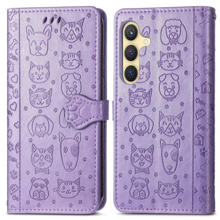 For Samsung Galaxy S25 Ultra 5G Cat and Dog Embossed Leather Phone Case(Purple)
