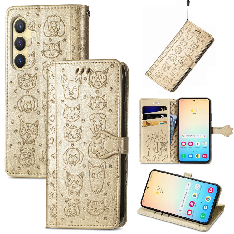 For Samsung Galaxy S25 Ultra 5G Cat and Dog Embossed Leather Phone Case(Gold)