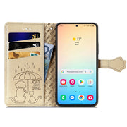 For Samsung Galaxy S25 Ultra 5G Cat and Dog Embossed Leather Phone Case(Gold)