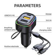 K5 With 3-in-1 Charging Cable Dual USB + 1 Type-C PD Phone Fast Charging Adapter Car Charger