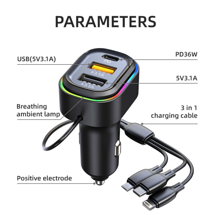 K5 With 3-in-1 Charging Cable Dual USB + 1 Type-C PD Phone Fast Charging Adapter Car Charger