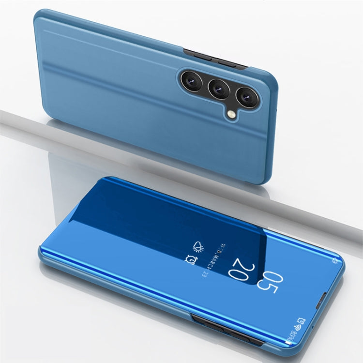 For Samsung Galaxy S25 5G Plated Mirror Horizontal Flip Leather Phone Case with Holder(Blue)