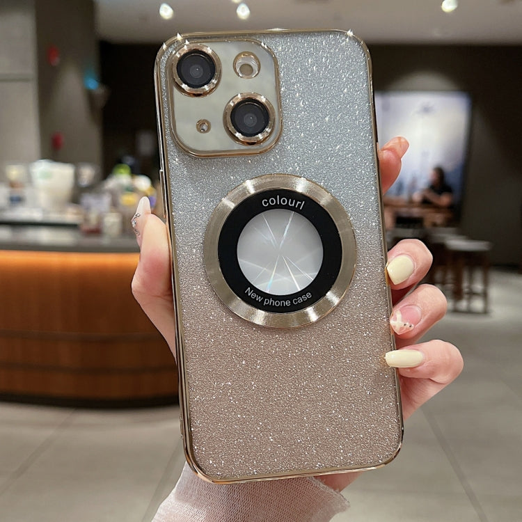 For iPhone 14 Plus MagSafe Gradient Glitter Electroplating TPU Phone Case(Golden)