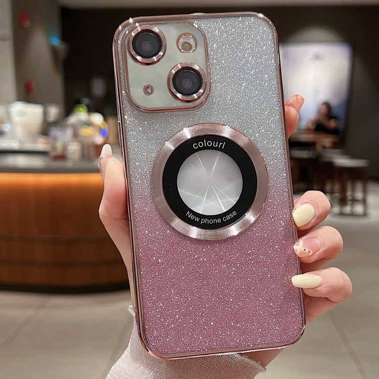 For iPhone 15 Plus MagSafe Gradient Glitter Electroplating TPU Phone Case(Rose)