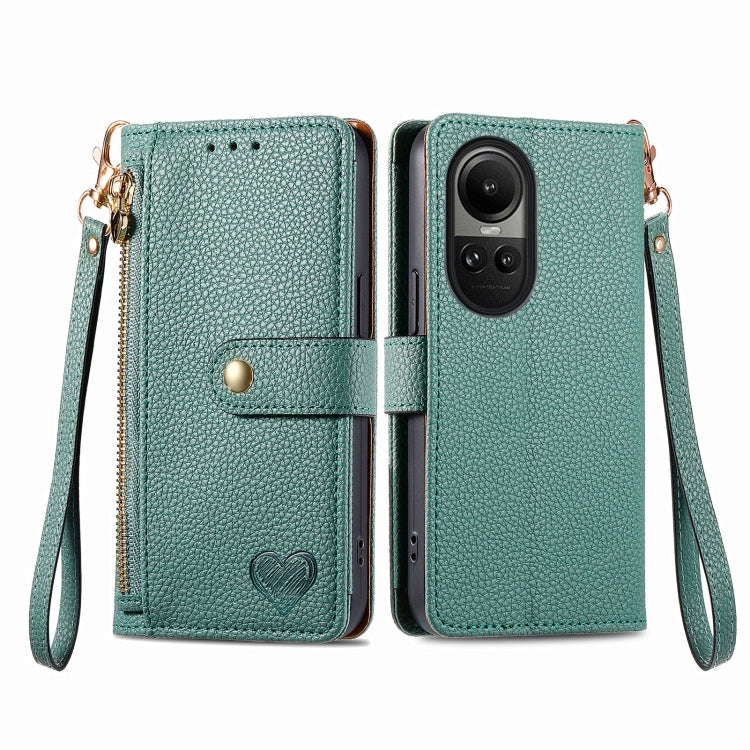 For OPPO Reno10 / 10 Pro Global Love Zipper Lanyard Leather Phone Case(Green)