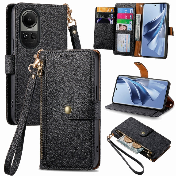 For OPPO Reno10 / 10 Pro Global Love Zipper Lanyard Leather Phone Case(Black)