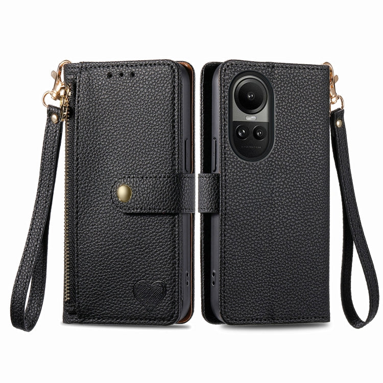 For OPPO Reno10 / 10 Pro Global Love Zipper Lanyard Leather Phone Case(Black)