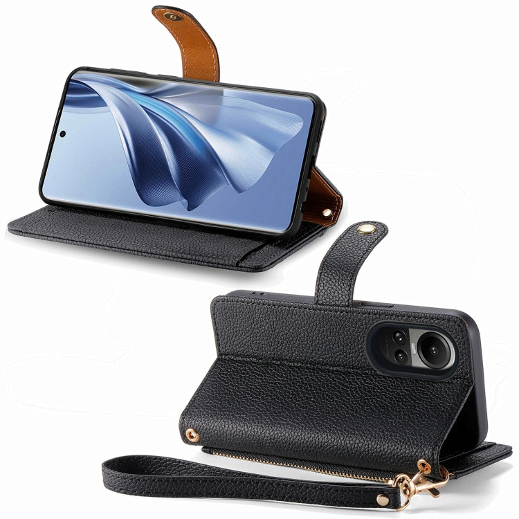 For OPPO Reno10 / 10 Pro Global Love Zipper Lanyard Leather Phone Case(Black)