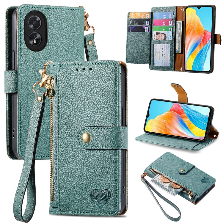 For OPPO A38 Love Zipper Lanyard Leather Phone Case(Green)