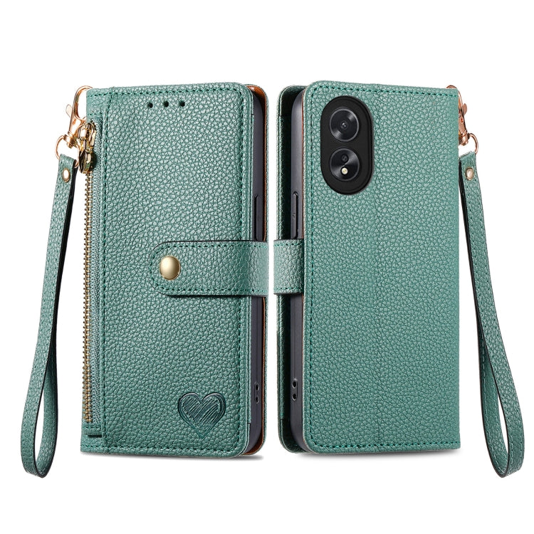 For OPPO A38 Love Zipper Lanyard Leather Phone Case(Green)