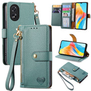 For OPPO A38 Love Zipper Lanyard Leather Phone Case(Green)