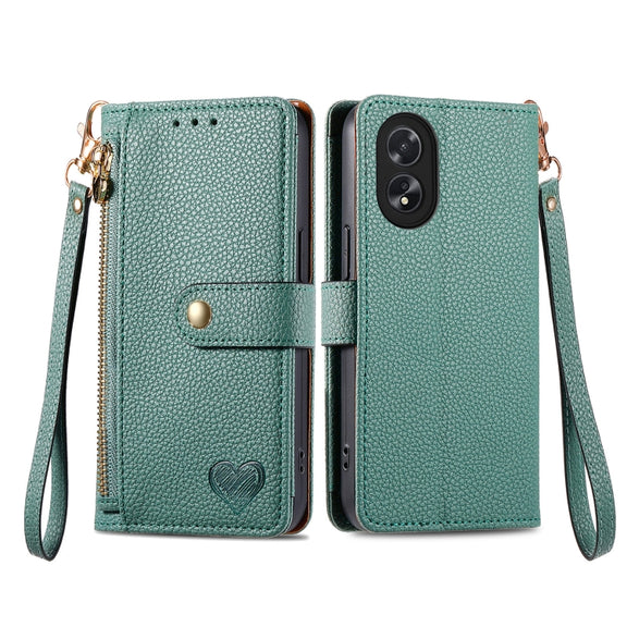 For OPPO A38 Love Zipper Lanyard Leather Phone Case(Green)