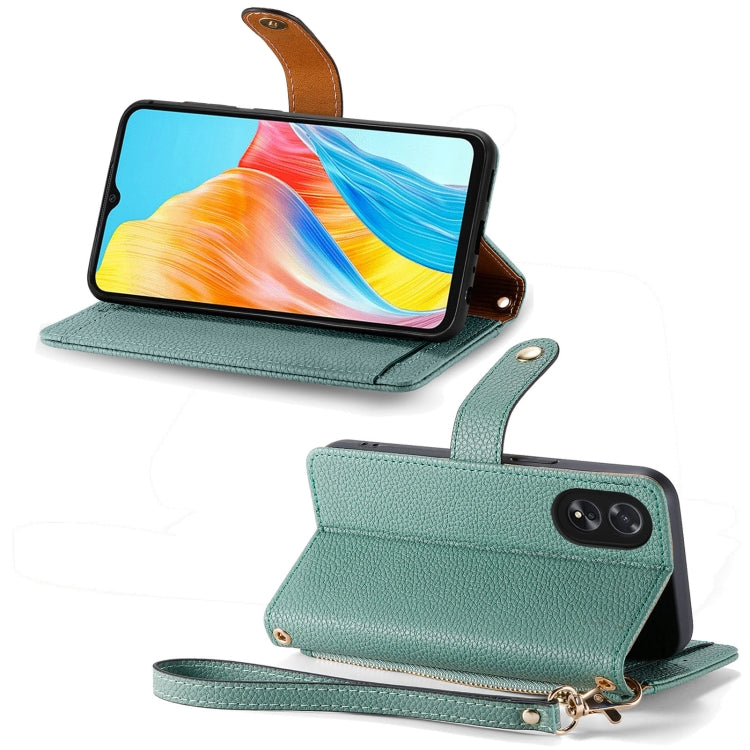 For OPPO A38 Love Zipper Lanyard Leather Phone Case(Green)