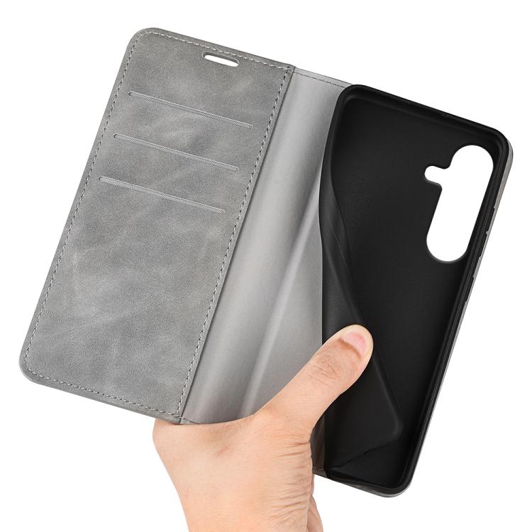 For Samsung Galaxy S25+ 5G Retro-skin Magnetic Suction Leather Phone Case(Grey)