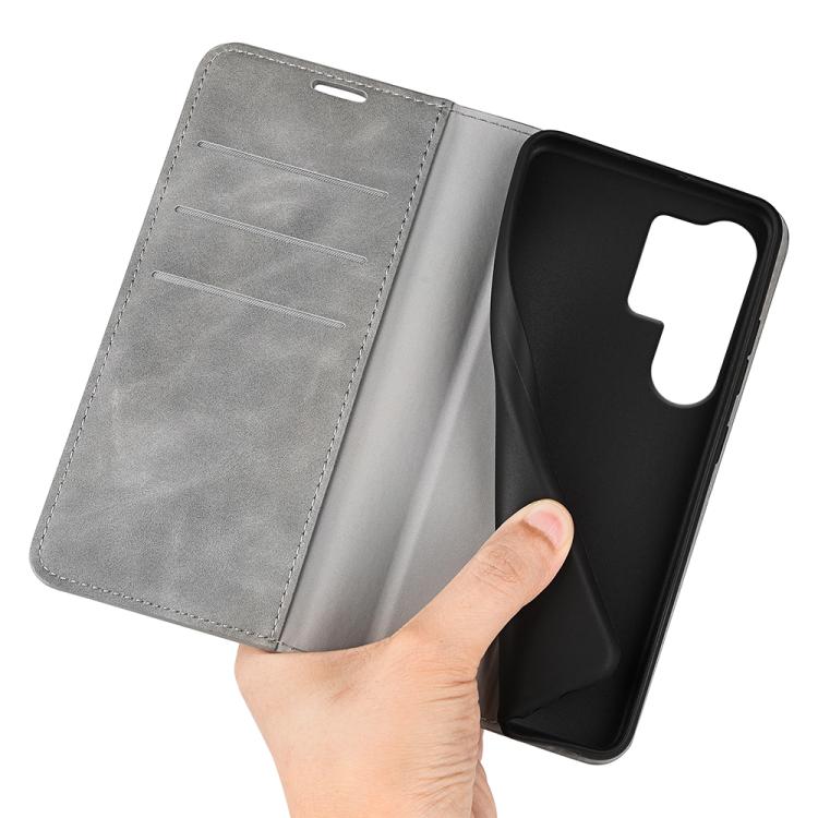 For Samsung Galaxy S25 Ultra 5G Retro-skin Magnetic Suction Leather Phone Case(Grey)