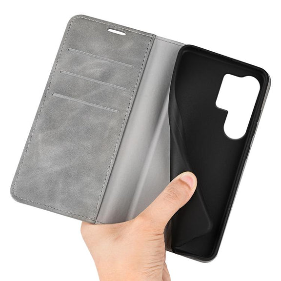 For Samsung Galaxy S25 Ultra 5G Retro-skin Magnetic Suction Leather Phone Case(Grey)