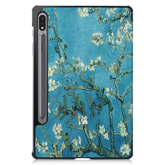 For Samsung Galaxy Tab S9 JUNSUNMAY Custer Painted 3-Fold Stand Leather Smart Tablet Case(Apricot Flower)