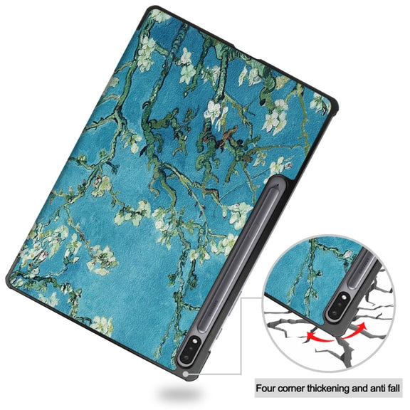 For Samsung Galaxy Tab S9+ JUNSUNMAY Custer Painted 3-Fold Stand Leather Smart Tablet Case(Apricot Flower)