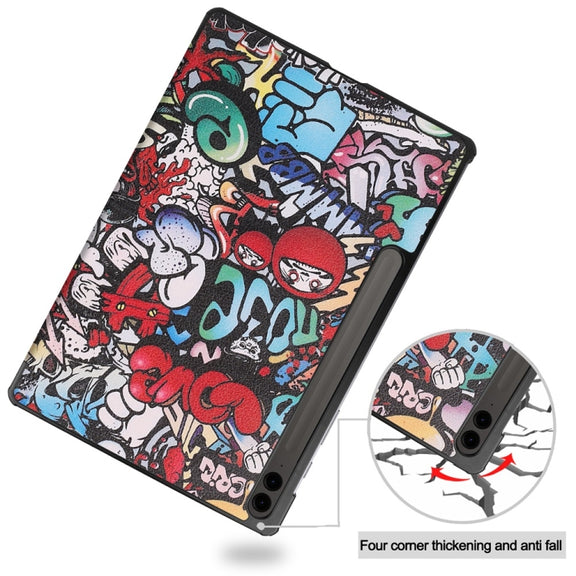 For Samsung Galaxy Tab S9 FE+ 12.4 JUNSUNMAY Custer Painted 3-Fold Stand Leather Smart Tablet Case(Graffiti)