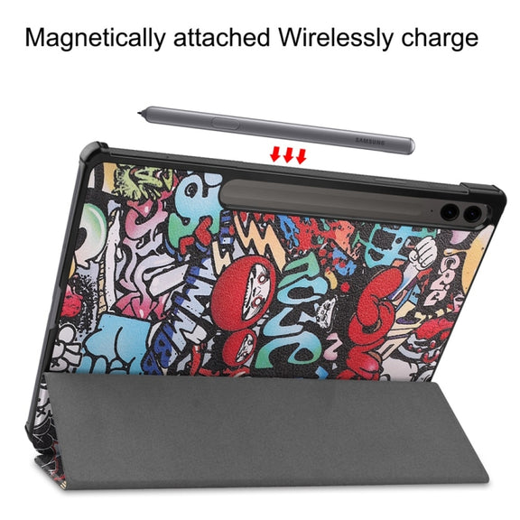 For Samsung Galaxy Tab S9 FE+ 12.4 JUNSUNMAY Custer Painted 3-Fold Stand Leather Smart Tablet Case(Graffiti)