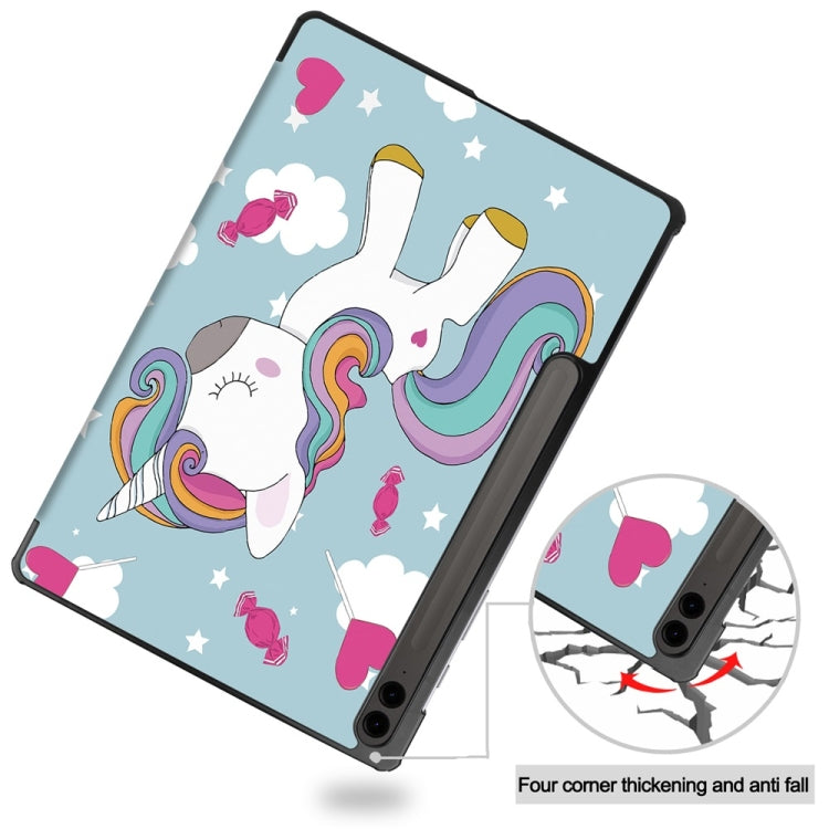 For Samsung Galaxy Tab S9 FE+ 12.4 JUNSUNMAY Custer Painted 3-Fold Stand Leather Smart Tablet Case(Unicorn)