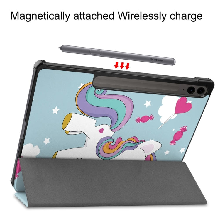 For Samsung Galaxy Tab S9 FE+ 12.4 JUNSUNMAY Custer Painted 3-Fold Stand Leather Smart Tablet Case(Unicorn)