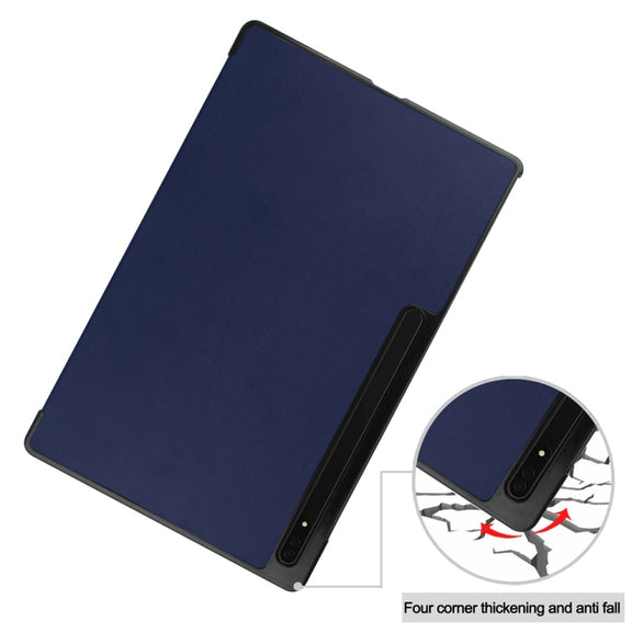 For Samsung Galaxy Tab S9 Ultra JUNSUNMAY Custer Solid Color 3-Fold Stand Leather Smart Tablet Case(Dark Blue)