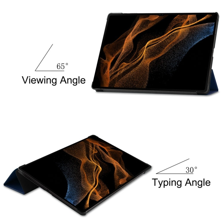For Samsung Galaxy Tab S9 Ultra JUNSUNMAY Custer Solid Color 3-Fold Stand Leather Smart Tablet Case(Dark Blue)