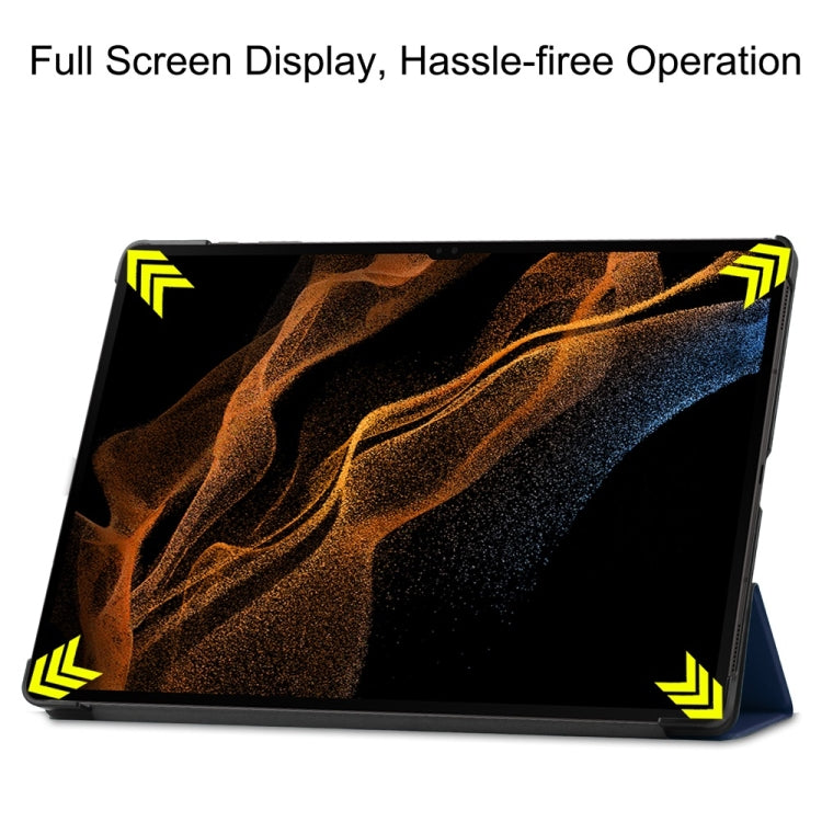 For Samsung Galaxy Tab S9 Ultra JUNSUNMAY Custer Solid Color 3-Fold Stand Leather Smart Tablet Case(Dark Blue)