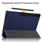 For Samsung Galaxy Tab S9 Ultra JUNSUNMAY Custer Solid Color 3-Fold Stand Leather Smart Tablet Case(Dark Blue)