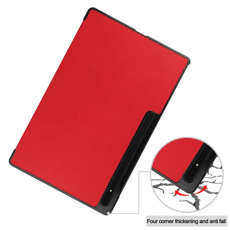 For Samsung Galaxy Tab S9 Ultra JUNSUNMAY Custer Solid Color 3-Fold Stand Leather Smart Tablet Case(Red)