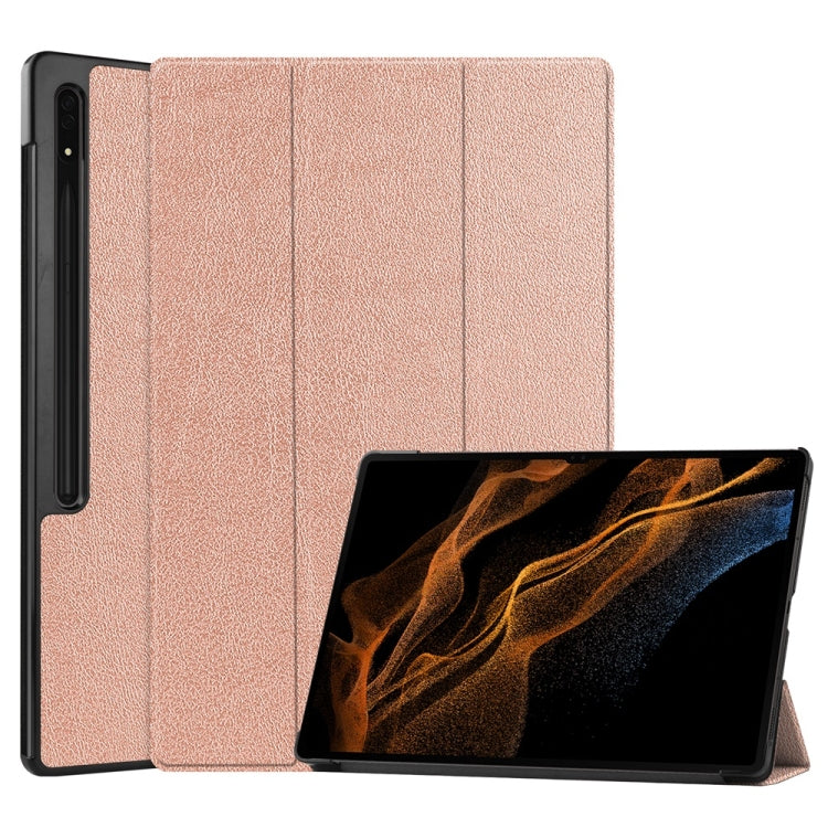For Samsung Galaxy Tab S9 Ultra JUNSUNMAY Custer Solid Color 3-Fold Stand Leather Smart Tablet Case(Rose Gold)