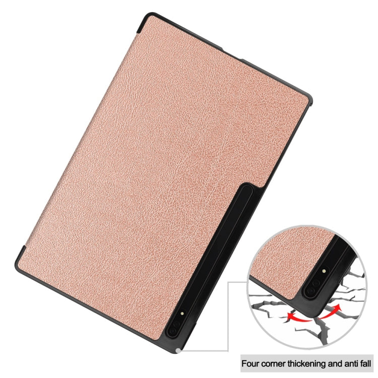 For Samsung Galaxy Tab S9 Ultra JUNSUNMAY Custer Solid Color 3-Fold Stand Leather Smart Tablet Case(Rose Gold)