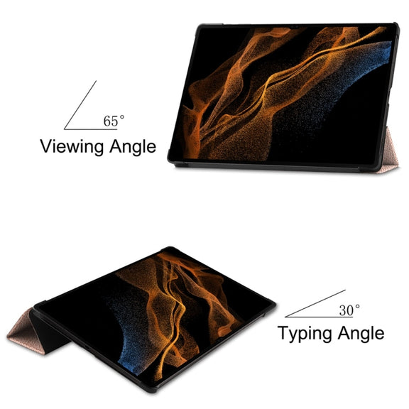 For Samsung Galaxy Tab S9 Ultra JUNSUNMAY Custer Solid Color 3-Fold Stand Leather Smart Tablet Case(Rose Gold)