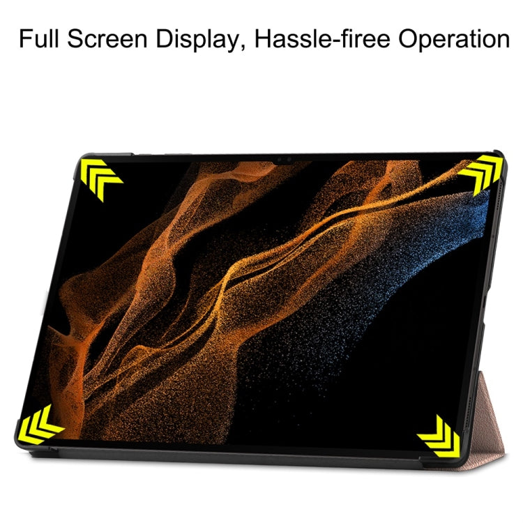 For Samsung Galaxy Tab S9 Ultra JUNSUNMAY Custer Solid Color 3-Fold Stand Leather Smart Tablet Case(Rose Gold)