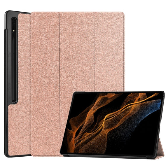 For Samsung Galaxy Tab S9 Ultra JUNSUNMAY Custer Solid Color 3-Fold Stand Leather Smart Tablet Case(Rose Gold)