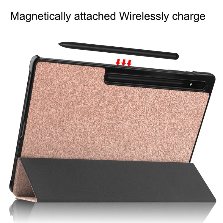 For Samsung Galaxy Tab S9 Ultra JUNSUNMAY Custer Solid Color 3-Fold Stand Leather Smart Tablet Case(Rose Gold)