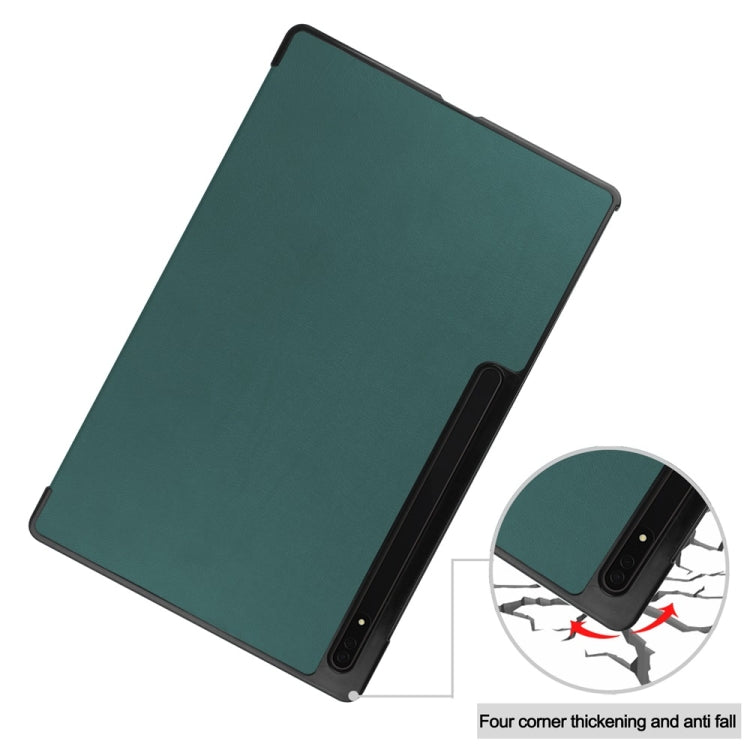 For Samsung Galaxy Tab S9 Ultra JUNSUNMAY Custer Solid Color 3-Fold Stand Leather Smart Tablet Case(Dark Green)