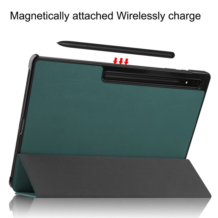 For Samsung Galaxy Tab S9 Ultra JUNSUNMAY Custer Solid Color 3-Fold Stand Leather Smart Tablet Case(Dark Green)