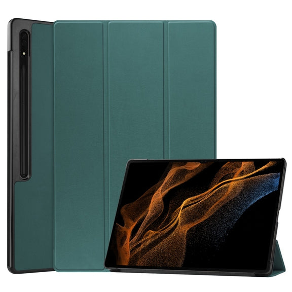 For Samsung Galaxy Tab S9 Ultra JUNSUNMAY Custer Solid Color 3-Fold Stand Leather Smart Tablet Case(Dark Green)