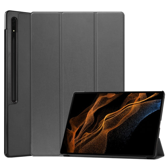 For Samsung Galaxy Tab S9 Ultra JUNSUNMAY Custer Solid Color 3-Fold Stand Leather Smart Tablet Case(Grey)