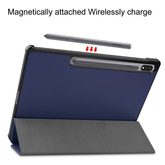 For Samsung Galaxy Tab S9+ JUNSUNMAY Custer Solid Color 3-Fold Stand Leather Smart Tablet Case(Dark Blue)