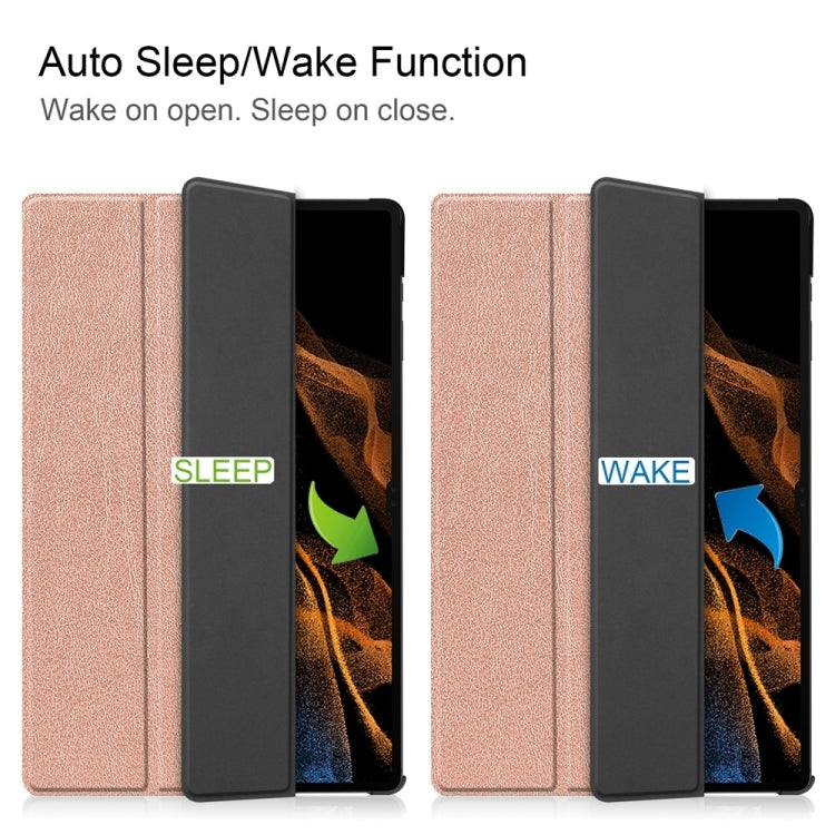 For Samsung Galaxy Tab S9+ JUNSUNMAY Custer Solid Color 3-Fold Stand Leather Smart Tablet Case(Rose Gold)
